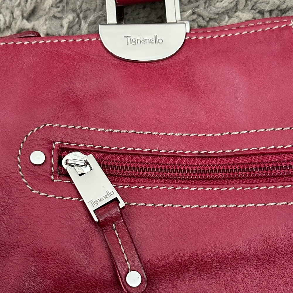 Tignanello Leather Y2K Red Shoulder Bag w Silver Accent Buckle Pockets Stunning - Picture 10 of 14